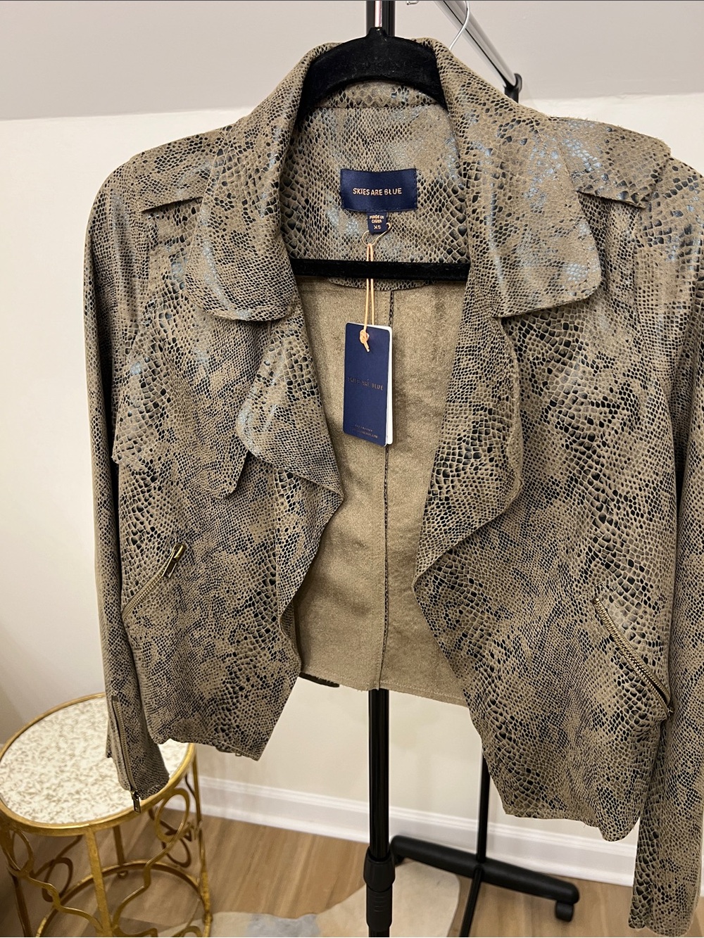 Skies Are Blue Taupe Snake-Print Faux-Suede Jacket